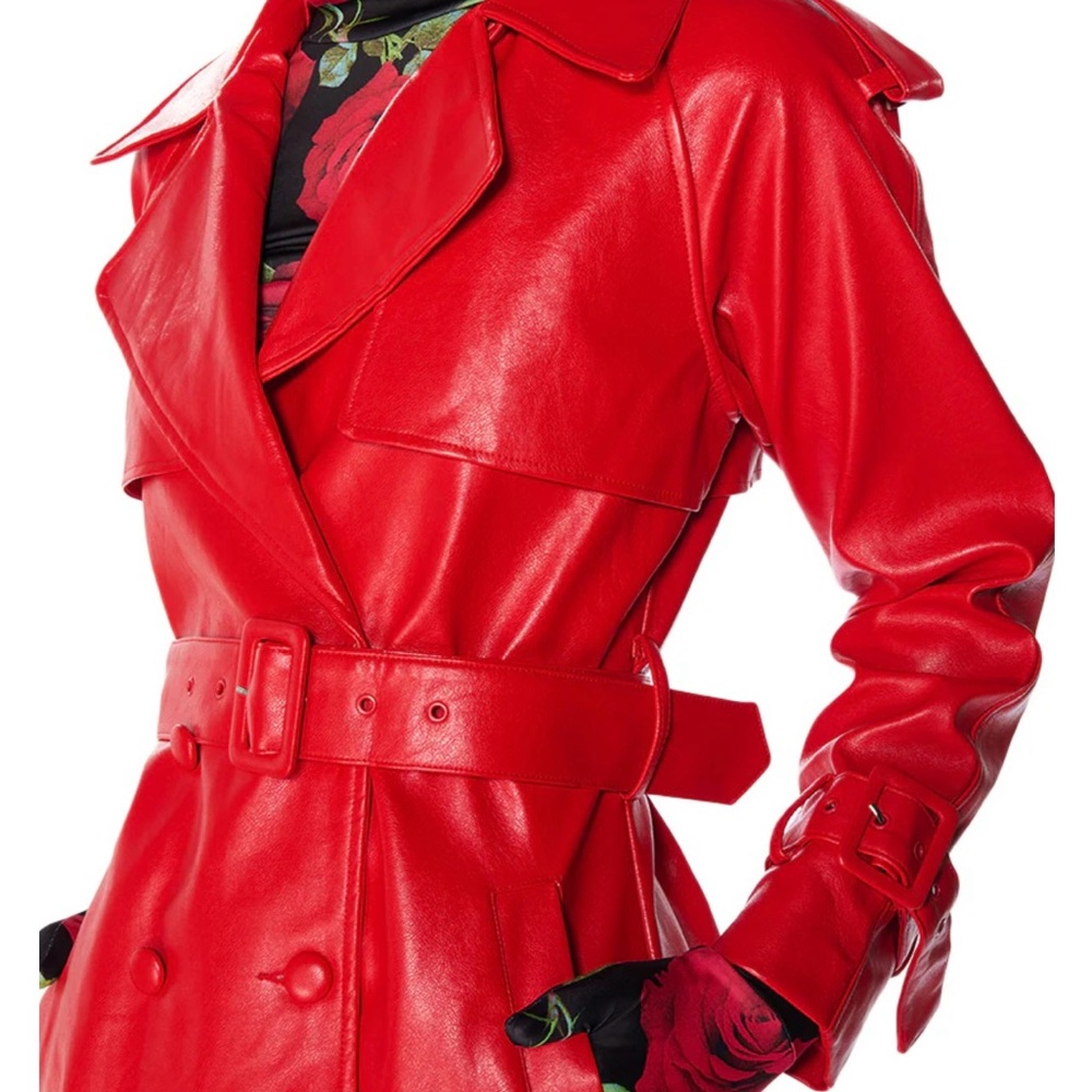 AKIRA Red Trench Coat with Notched Lapel and Asymmetrical Closure